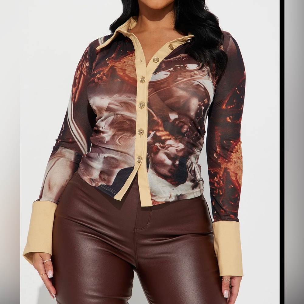 NWT Fashion Nova|| In The Mix Mesh Shirt - Brown Combo Size M
